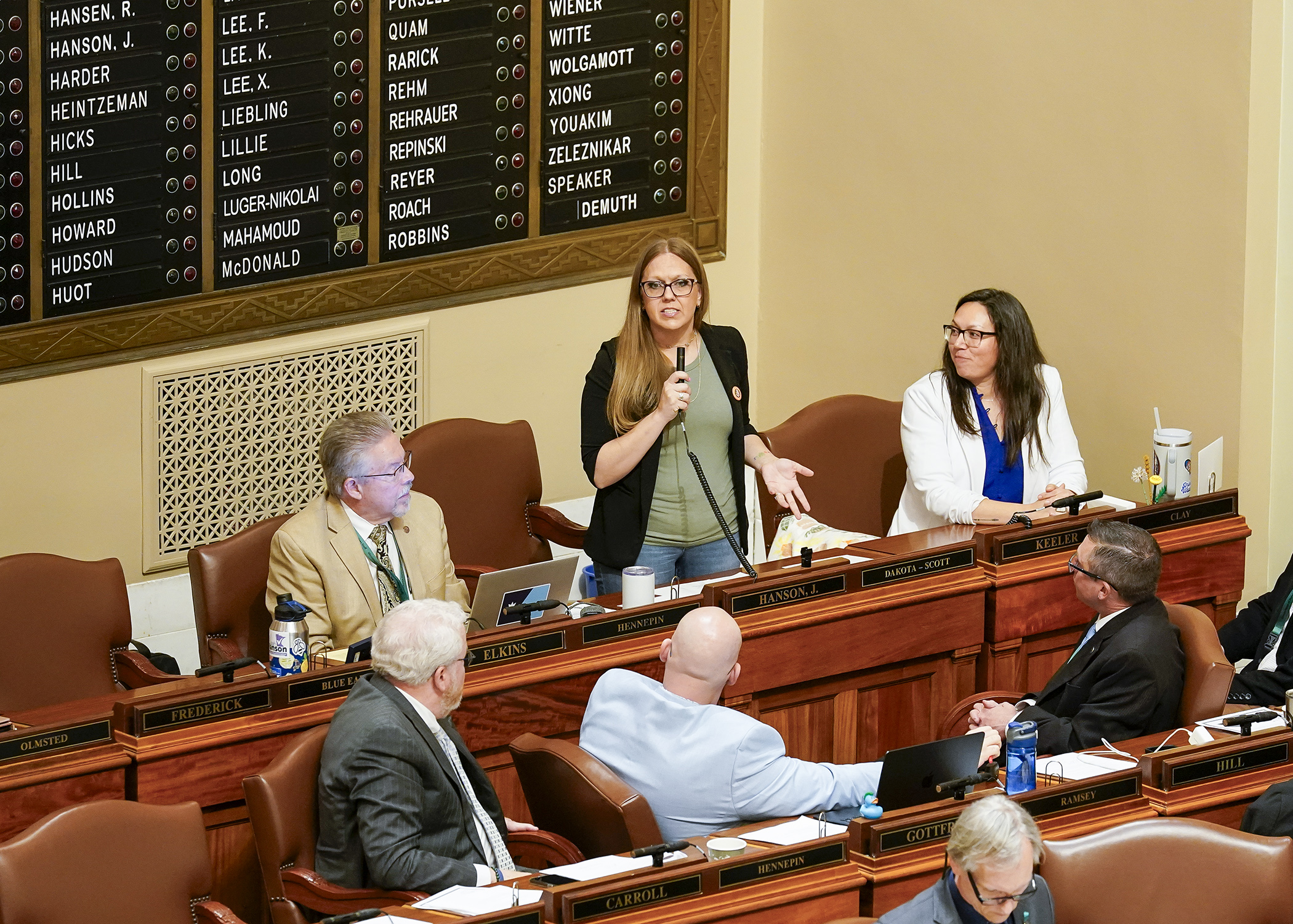 Rep. Jessica Hanson presents the omnibus cannabis bill during floor session May 17. (Photo by Andrew VonBank)